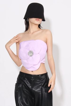 Flower Rhinestone Zip-Up Strapless Top