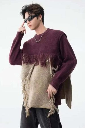 Fringe Patchwork Knitted Sweater