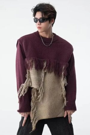 Fringe Patchwork Knitted Sweater