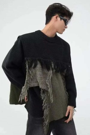 Fringe Patchwork Knitted Sweater