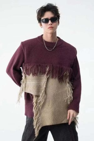 Fringe Patchwork Knitted Sweater