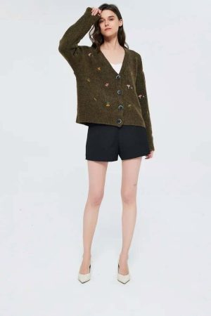 Goblincore Leaf Embroidery Cardigan