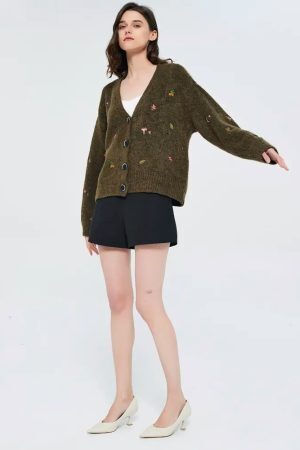 Goblincore Leaf Embroidery Cardigan