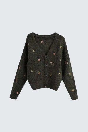 Goblincore Leaf Embroidery Cardigan