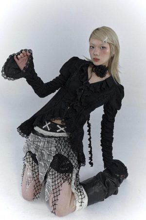 Goth Asymmetric Ruched Sleeve Blouse