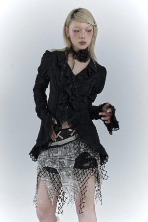 Goth Asymmetric Ruched Sleeve Blouse