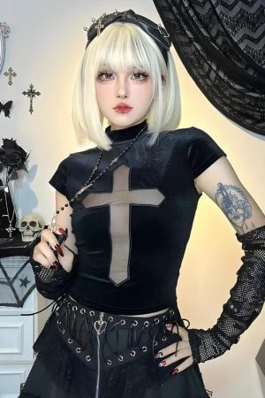 Goth Cross Cut Out Velvet Top