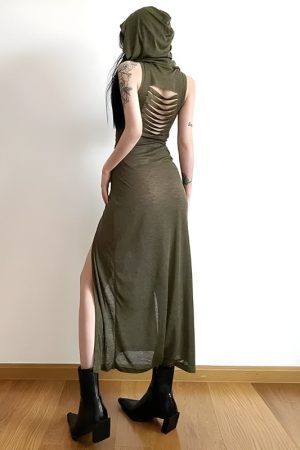 Goth Hooded Cut Out Back Midi Dress