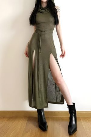 Goth Hooded Cut Out Back Midi Dress