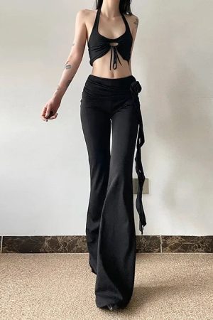 Goth Ruched Flower Flare Pants