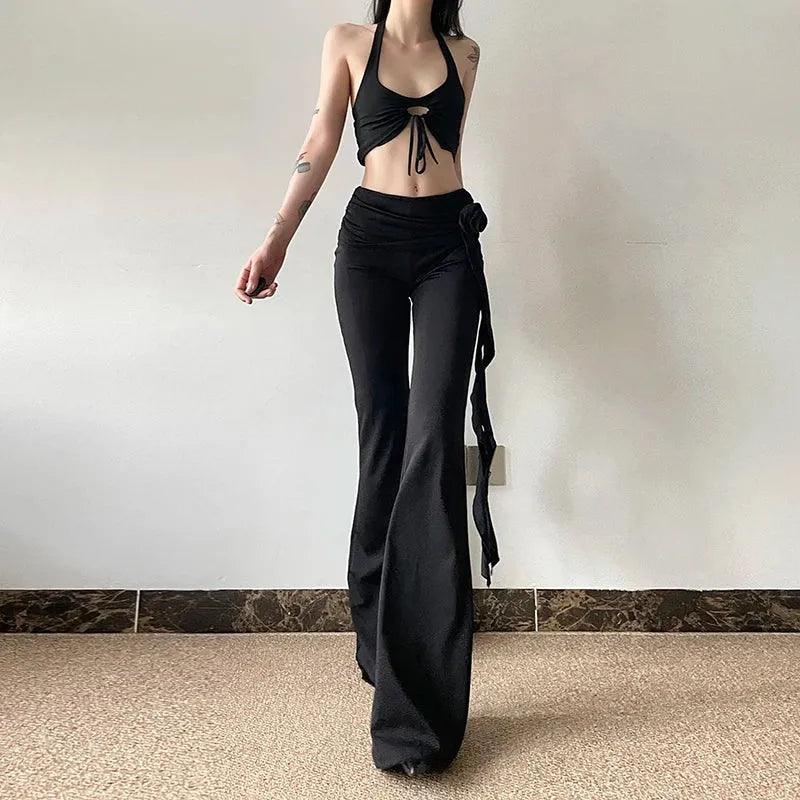 Goth Ruched Flower Flare Pants Goth Ruched Flower Flare Pants