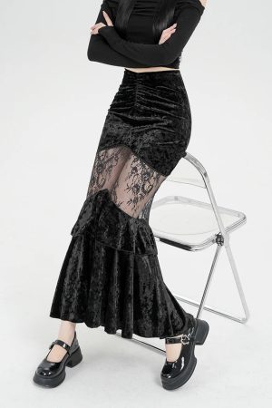 Goth Velvet Lace Maxi Skirt
