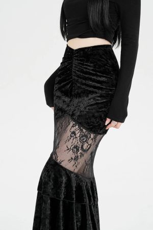 Goth Velvet Lace Maxi Skirt
