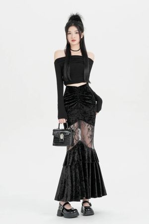 Goth Velvet Lace Maxi Skirt
