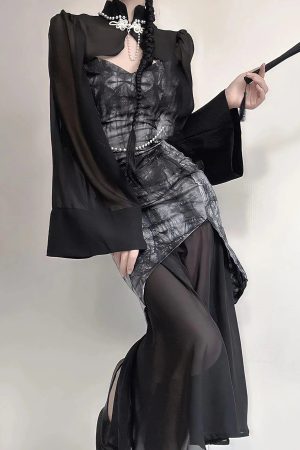 Goth Wide Sleeve Qipao Midi Dress