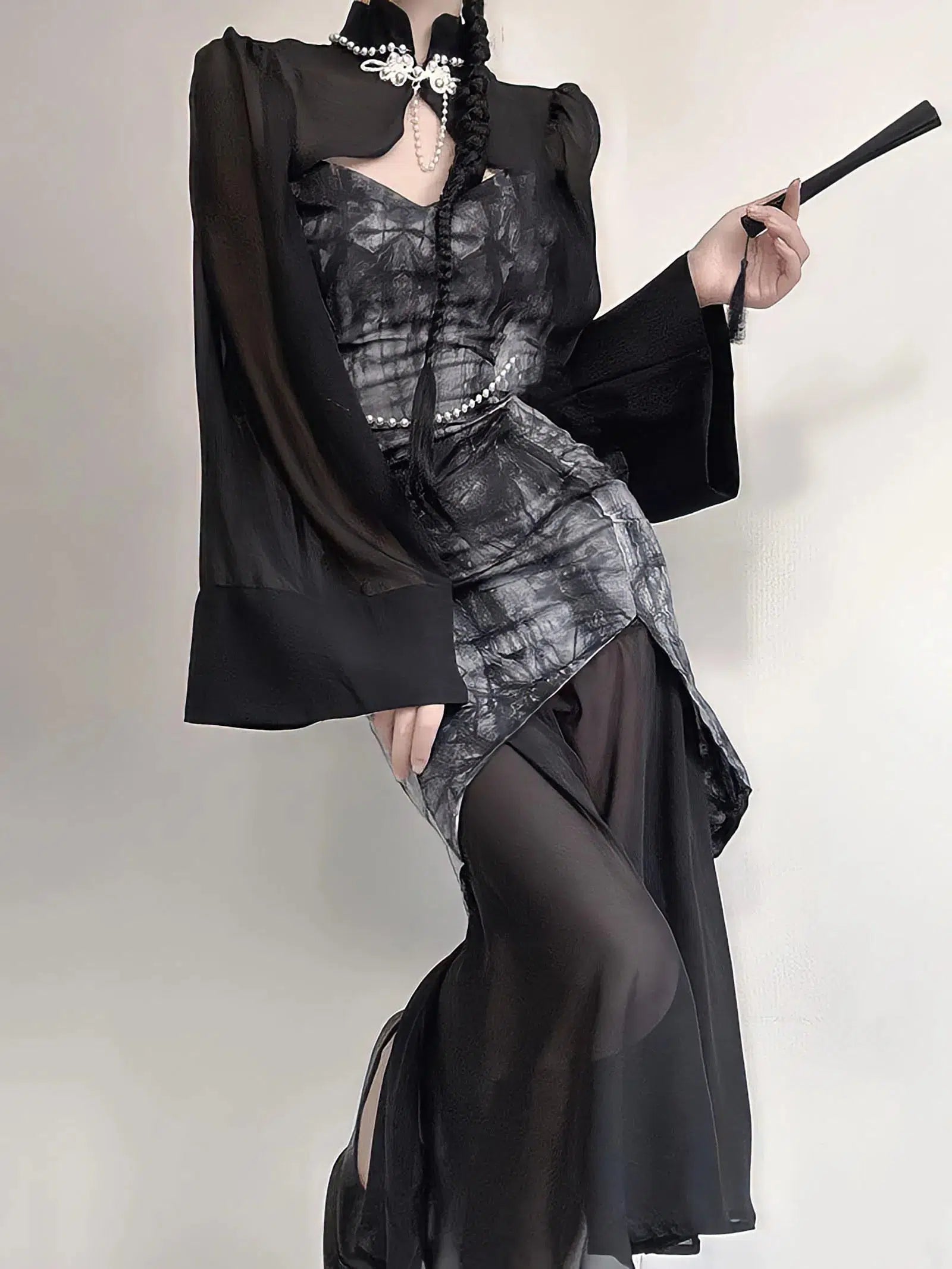Goth Wide Sleeve Qipao Midi Dress Goth Wide Sleeve Qipao Midi Dress