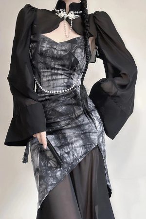 Goth Wide Sleeve Qipao Midi Dress