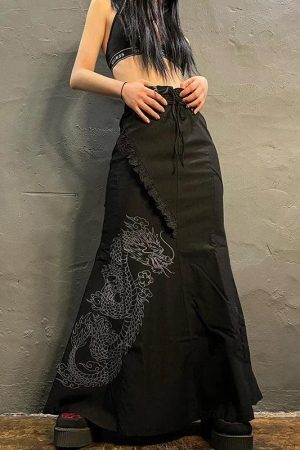 Gothic Dragon Printed Maxi Skirt
