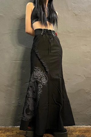 Gothic Dragon Printed Maxi Skirt