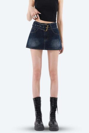 Grunge Belted Denim Mini Skirt