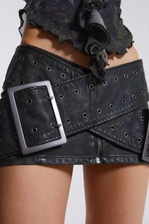 Grunge Cross Belt Faux Leather Mini Skirt
