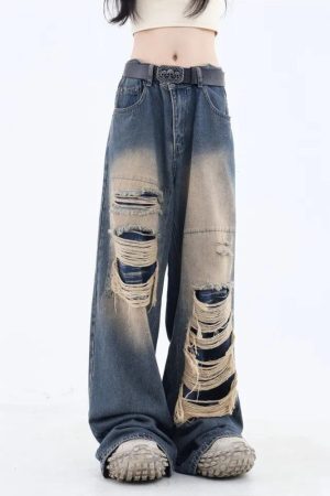 Grunge Dark Wash Distressed Jeans