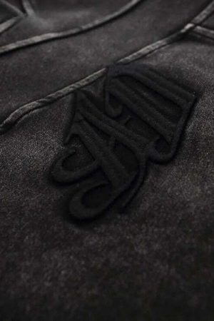 Grunge Dark Washed Embroidered Hoodie