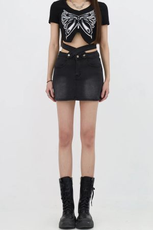 Grunge Denim Cross Belt Mini Skort