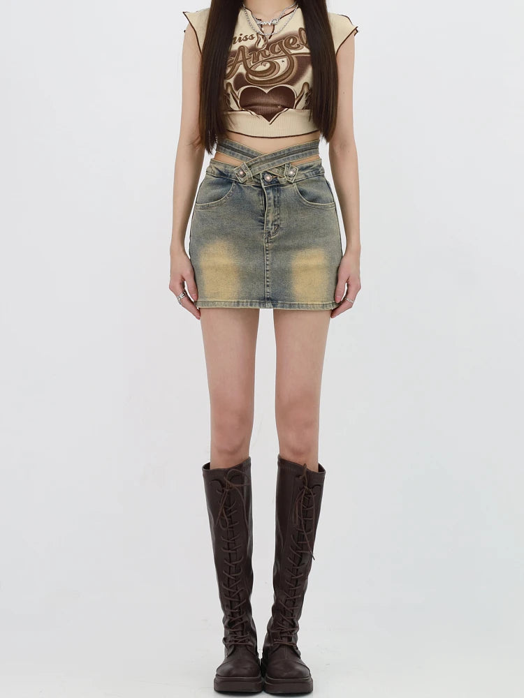 Grunge Denim Cross Belt Mini Skort Grunge Denim Cross Belt Mini Skort