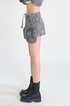 Grunge Distressed Cargo Denim Mini Skirt