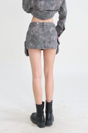 Grunge Distressed Cargo Denim Mini Skirt