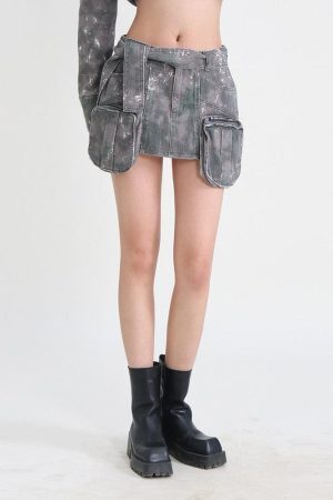 Grunge Distressed Cargo Denim Mini Skirt