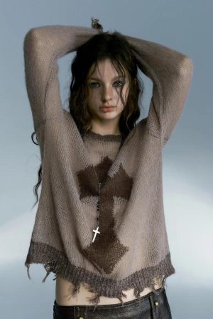Grunge Distressed Cross Sweater