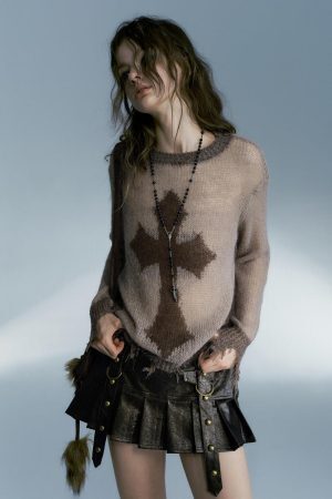 Grunge Distressed Cross Sweater