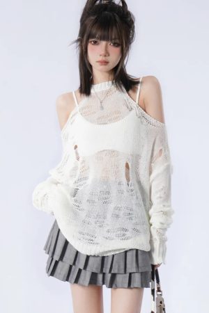 Grunge Distressed Cut-Out Fine Knitted Sweater