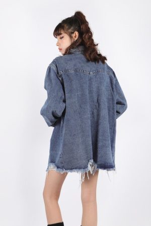 Grunge Distressed Long Denim Jacket