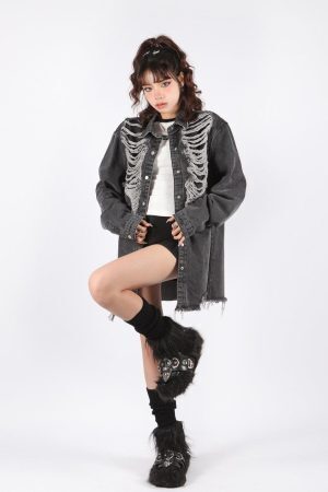 Grunge Distressed Long Denim Jacket