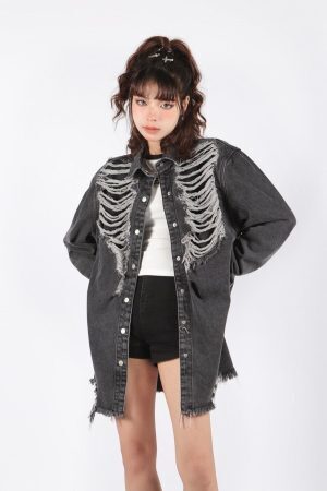 Grunge Distressed Long Denim Jacket