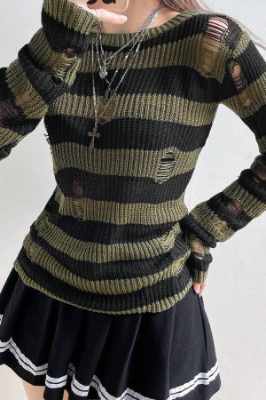 Grunge Distressed Striped Sweater