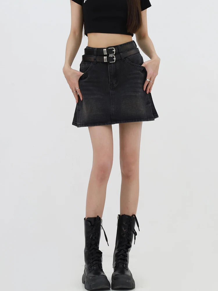 Grunge Double Belt Loop Denim Mini Skirt Grunge Double Belt Loop Denim Mini Skirt