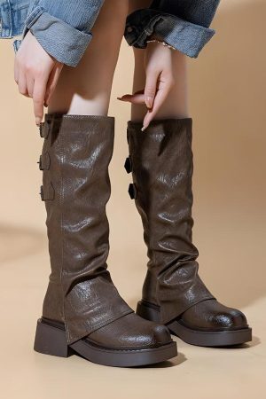Grunge Faux Leather Belted Boots