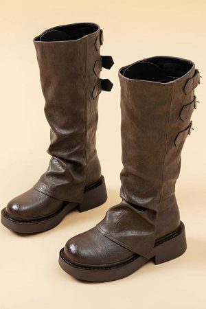 Grunge Faux Leather Belted Boots