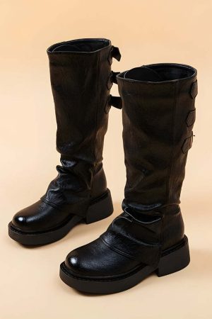 Grunge Faux Leather Belted Boots