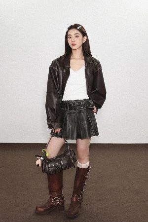 Grunge Faux Leather Pleated Mini Skirt