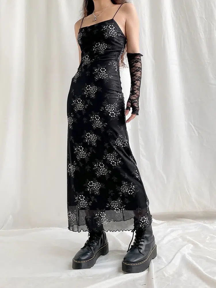 Grunge Floral Mesh Midi Dress Grunge Floral Mesh Midi Dress