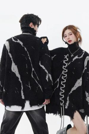 Grunge Fluffy Lace Up Sweater