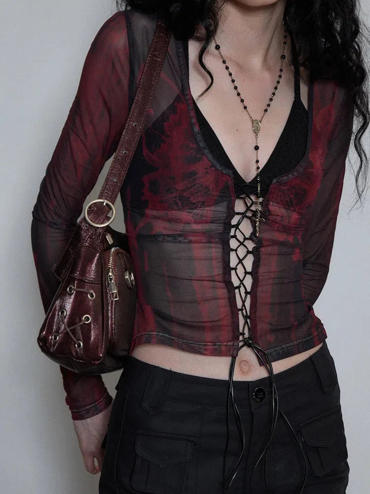 Grunge Lace Up Sheer Top Grunge Lace Up Sheer Top