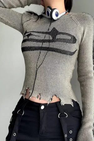 Grunge Long Sleeve Distressed Top