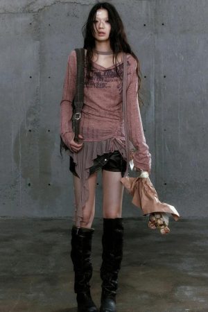 Grunge Neck Tie Ruffled Top