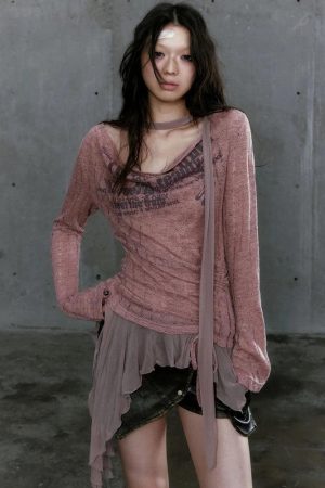 Grunge Neck Tie Ruffled Top